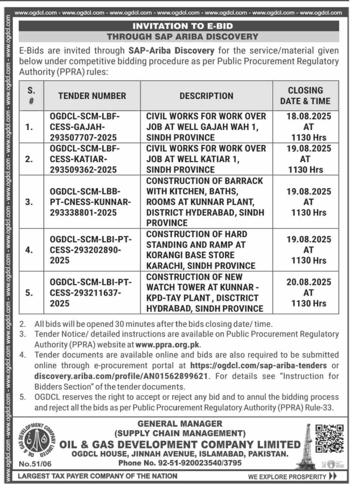 Oil & Gas Development Company Limited Islamabad Tender Notice